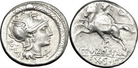 L. Manlius Torquatus. AR Denarius, 113-112 BC. D/ Head of Roma right, helmeted; within torques. R/ Horseman charging left; holding spear and round shi...