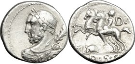 Ti. Quinctius. AR Denarius, 112-111 BC. D/ Bust of Hercules seen from behind, head turned left; over right shoulder, club. R/ Desultor on prancing hor...