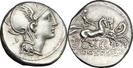 Appius Claudius Pulcher, T Manlius Mancinus and Q. Urbinius. AR Denarius, 111-110 BC. D/ Head of Roma right, helmeted. R/ Victory in triga right. Cr. ...