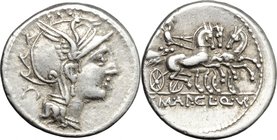 Appius Claudius Pulcher, T. Manlius Mancinus and Q. Urbinius. AR Denarius, 111-110 BC. D/ Head of Roma right, helmeted. R/ Victoria in triga right, ho...