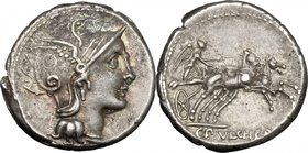 C. Claudius Pulcher. AR Denarius, 110-109 BC. D/ Head of Roma right, helmeted. R/ Victoria in biga right, holding reins with both hands. Cr. 300/1. AR...