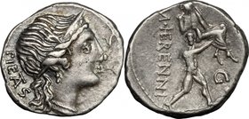M. Herennius. AR Denarius, 108-107 BC. D/ Head of Pietas right, diademed. R/ One of the Catanean brothers running right, carrying his father on his sh...