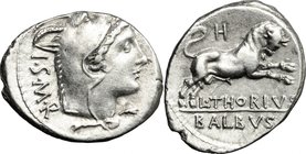 L. Thorius Balbus. AR Denarius, 105 BC. D/ Head of Juno Sospita right, wearing goat-skin. R/ Bull charging right. Cr. 316/1. AR. g. 3.94 mm. 20.00 Abo...