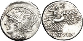 L. Appuleius Saturninus. AR Denarius, 104 BC. D/ Head of Roma left, helmeted. R/ Saturn in quadriga right, holding reins and hurling thunderbolt. Cr. ...