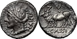 L. Cassius Caecianus. Denarius, 102 BC. D/ Bust of Ceres left, wearing wreath with corn-ears. R/ Two yoked oxen left. Cr. 321/1. B.4. AR. g. 3.82 mm. ...