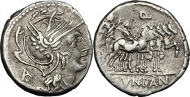 C. Fundanius. AR Denarius, 101 BC. D/ Head of Roma right, helmeted. R/ Triumphator in quadriga right; holding laurel-branch and staff; on near horse, ...