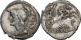 P. Servilius M. f. Rullus. Denarius, 100 BC. D/ Bust of Minerva left, wearing crested helmet and aegis. R/ Victory in biga right, holding palm and rei...