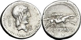 L. Calpurnius Piso Frugi. AR Denarius, 90 BC. D/ Head of Apollo right, laureate; behind, trident. R/ Horseman right, holding palm-branch. Cr. 340/1. A...