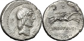 L. Calpurnius Piso Frugi. AR Denarius, 90 BC. D/ Head of Apollo right, laureate. R/ Horseman right; holding palm branch. Cr. 340/1. AR. g. 3.69 mm. 19...