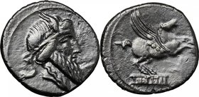 Q. Titius. AR Denarius, 90 BC. D/ Head of Mutinus Titinus (Priapus) right, wearing winged diadem, bearded. R/ Pegasus right; below, inscription. Cr. 3...