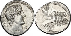 C. Vibius C. f. Pansa. AR Denarius, 90 BC. D/ Head of Apollo right, laureate. R/ Minerva in quadriga right, holding reins, spear and trophy. Cr. 342/5...