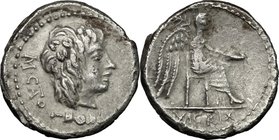 M. Porcius Cato. AR Quinarius, 89 BC. D/ Head of Liber right, wearing ivy-wreath. R/ Victory seated right, holding patera and palm branch. Cr. 343/2. ...