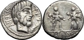 L. Titurius L. f. Sabinus. AR Denarius, 89 BC. D/ Head of King Tatius right. R/ Two Roman soldiers, each carrying off a Sabine woman. Cr. 344/1c. AR. ...