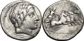 Vergilius, Gargilius and Ogulnius. AR Denarius, 86 BC. D/ Laureate head of Apollo right; below, thunderbolt. R/ Jupiter in fast quadriga right, holdin...