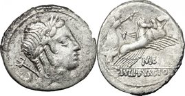 L. Iulius Bursio. AR Denarius, 85 BC. D/ Male head right with attributes of Apollo, Mercury and Neptune. R/ Victory in quadriga right. Cr. 352/1. AR. ...