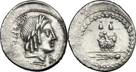 Mn. Fonteius C.f. AR Denarius, 85 BC. D/ Head of Apollo right, laureate; below, thunderbolt. R/ Cupid on goat right; above, caps of the Dioscuri; in e...