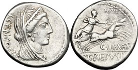 P. Crepusius, C. Mamilius Limetanus and L. Marcius Censorius. AR Denarius, 82 BC. D/ Bust of Venus right, diademed, veiled. R/ Venus in biga right, ho...