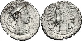 C. Mamilius Limetanus. AR Denarius serratus, 82 BC. D/ Bust of Mercury right, draped, wearing winged petasus; over left shoulder, caduceus. R/ Ulysses...