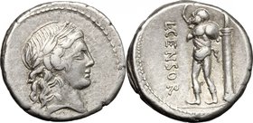 L. Marcius Censorinus. AR Denarius, 82 BC. D/ Head of Apollo right, laureate. R/ Marsyas walking left, raising right arm and holding wine-skin over le...