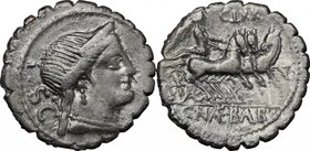 C. Naevius Balbus. AR Denarius serratus, 79 BC. D/ Head of Venus right, diademed. R/ Victory in triga right. Cr. 382/1. AR. g. 3.65 mm. 19.00 Heavily ...