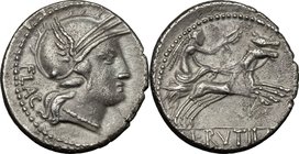 L. Rutilius Flaccus. AR Denarius, 77 BC. D/ Head of Roma right, helmeted. R/ Victory in biga right; holding reins and wreath. Cr. 387/1. AR. g. 3.79 m...