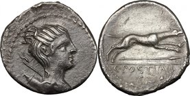 C. Postumius. AR Denarius, 74 BC. D/ Bust of Diana right, bow and quiver over shoulder. R/ Hound running right; below, spear. Cr. 394/1 a. B. 9. AR. g...