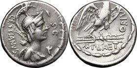M. Plaetorius M. f. Cestianus. AR Denarius, 67 BC. D/ Bust right, with attributes of Apollo, Diana, Isis, Minerva and Victoria. R/ Eagle standing righ...