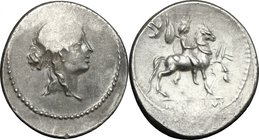M. Aemilius Lepidus. AR Denarius, 61 BC. D/ Female head right. R/ Horseman right, carrying trophy. Cr. 419/1. AR. g. 4.02 mm. 19.00 Lightly toned. Sou...