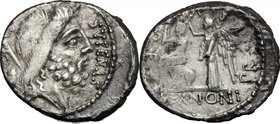 M. Nonius Sufenas. AR Denarius, 57 BC. D/ Head of Saturn right. R/ Roma seated left, holding sceptre and sword; behind, Victory, holding palm branch a...