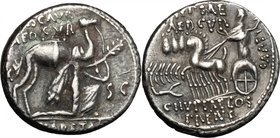 M. Aurelius Scaurus. AR Denarius, 58 BC. D/ Camel right; before, kneeling figure holding reins and olive-branch. R/ Jupiter in quadriga left, holding ...