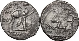 M. Aemilius Scaurus. AR Denarius, 58 BC. D/ Camel right; before, kneeling figure holding reins and olive-branch. R/ Jupiter in quadriga left, holding ...