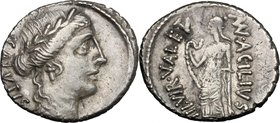 Mn. Acilius. AR Denarius, 49 BC. D/ Head of Salus right, laureate. R/ Valetudo standing left, holding snake and resting left harm on column. Cr. 442/1...