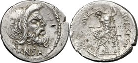 C. Vibius Pansa Caetronianus. AR Denarius, 48 BC. D/ Mask of Pan right. R/ Jupiter seated left, laureate, holding patera and scepter. Cr. 449/1. AR. g...