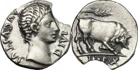 Augustus (27 BC-14 AD). AR Denarius, Lugdunum mint, 15-13 BC. D/ Head right. R/ Bull butting right; in exergue, IMP X. RIC (2nd ed.) 167A. AR. g. 3.52...