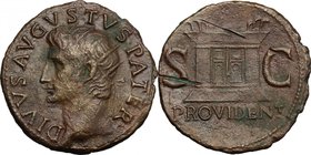 Divus Augustus (died 14 AD). AE As, struck under Tiberius, 22-30. D/ Head of Divus Augustus left, radiate. R/ Altar enclosure with double-paneled door...