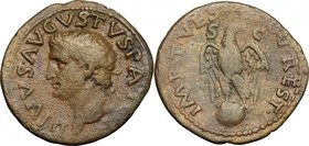 Divus Augustus (died 14 AD). AE As, struck under Titus, 80-81. D/ Head of Augustus left, radiate. R/ Eagle set on globe, wings open, head right. RIC (...