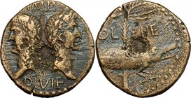 Augustus (27 BC - 14 AD) with Agrippa (died 12 BC). AE As, Nemausus mint, 9-3 BC. D/ Heads of Agrippa, left, wearing combined rostral crown and laurea...
