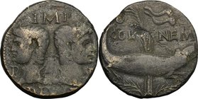 Augustus (27 BC - 14 AD) with Agrippa. AE As, Nemausus mint, 10-14. D/ Heads of Agrippa left, wearing combined rostral crown and laurel wreath, and Au...
