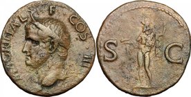 Agrippa (died in 12 BC). AE As, struck under Caligula. D/ Head of Agrippa left, wearing rostral crown. R/ Neptune standing left, cloaked, holding dolp...