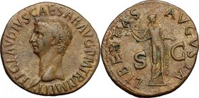Claudius (41-54). AE As, 50-54. D/ Head left. R/ Libertas standing right, holding pileus. RIC (2nd ed.) 113. AE. g. 11.65 mm. 29.00 VF.