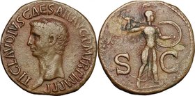 Claudius (41-54). AE As, 50-54. D/ Head left. R/ Minerva standing right, hurling spear and holding shield. RIC (2nd ed.) 116. AE. g. 11.74 mm. 30.00 B...