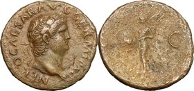 Nero (54-68). AE As, 62-68. D/ Head right, laureate. R/ Victory flying left, holding shield. RIC (2nd ed.) 312. AE. g. 11.54 mm. 28.00 VF/About VF.