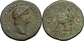 Nero (54-68). AE Sestertius, 62-68. D/ Head right, laureate. R/ Roma seated left on cuirass, holding Victory and resting on parazonium; behind, variou...