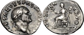 Vespasian (69-79). AR Denarius, 70 AD. D/ Head right, laureate. R/ Pax seated left, holding branch and winged caduceus. RIC (2nd ed.) 29. AR. g. 3.57 ...