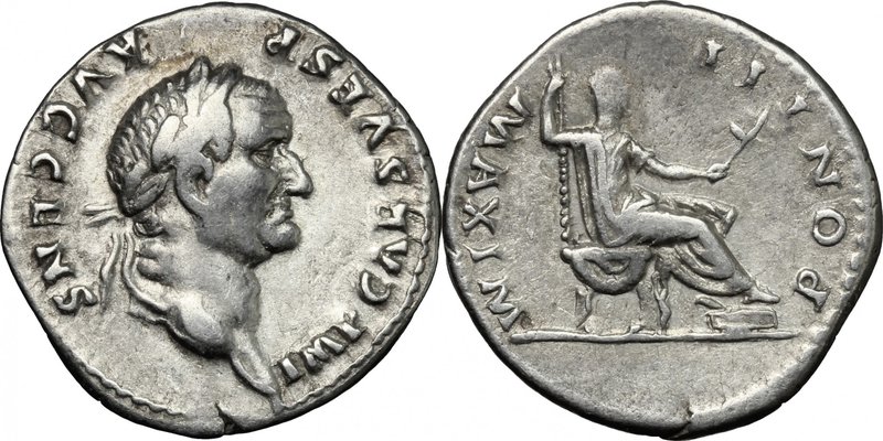 Vespasian (69-79). AR Denarius, 73 AD. D/ Head right, laureate. R/ Emperor seate...