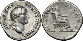 Vespasian (69-79). AR Denarius, 73 AD. D/ Head right, laureate. R/ Emperor seated right on curule chair, feet on stool, holding scepter and branch. RI...