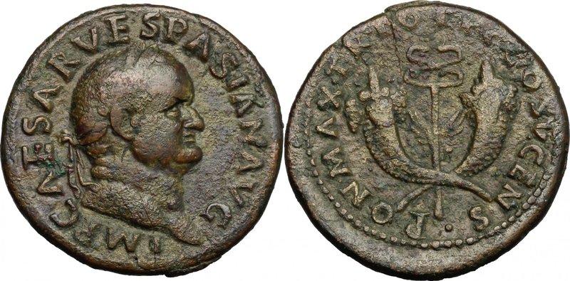 Vespasian (69-79). AE Dupondius, 74 AD. D/ Head right, laureate. R/ Caduceus bet...