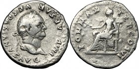Vespasian (69-79). AR Denarius, 75 AD. D/ Head right, laureate. R/ Pax seated left, holding branch, left hand resting in her lap. RIC (2nd ed.) 772. A...