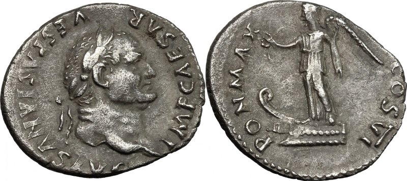 Vespasian (69-79). AR Denarius, 75 AD. D/ Head right, laureate. R/ Victoria stan...