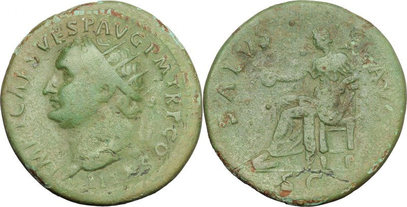 Titus (79-81). AE Dupondius, 80-81. D/ Head left, radiate. R/ Salus seated left,...